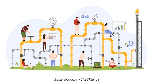 Gas pipeline inspection, maintenance service to check for leaks and pressure. Tiny people control gas flow, safety of pipes with industrial equipment and digital indicators cartoon vector illustration