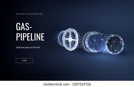 Gas pipeline low poly landing page template. Energy resources transportation pipe with globe valve polygonal illustration. Natural gas extraction and supply industry mesh art website design layout