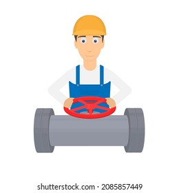 Gas pipeline operator. Valve opening on the pipeline vector illustration