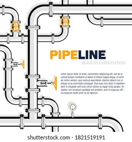 Gas pipeline square vector background with space for text. Branching and intertwining pipes with taps and manometers. Illustration in flat style.