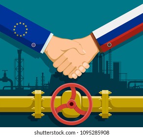 Gas pipeline with valve. Industrial business between Russia and European Union. Handshake between partners. Stock vector illustration.