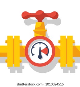 Gas pipeline with a valve and a manometer. Vector illustration flat design. Industry system isolated on white background. Wheel to open closing flow. Yellow pipe, cartoon style.