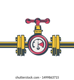 Gas pipeline with a valve and a manometer. Vector illustration flat design. Industry system isolated on white background. Wheel to open closing flow. Yellow pipe sketch style.