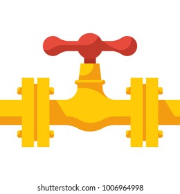 Gas pipeline with valve. Vector illustration flat design. Industry system isolated on white background. Wheel to open closing flow. Yellow pipe, cartoon style.