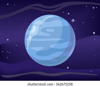 Gas planet Neptune in space star background. Element of solar system. Cosmic galaxy background with bright shining stars. Solar system. Isolated planet. Blue planet. Vector illustration.