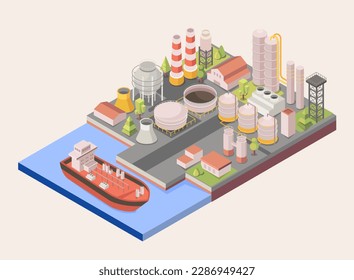 Gasanlage mit Schiff. Transport von Gütern, Stromquelle. Energieerzeugung für Städte oder Länder. Flüssiggas am Handelsterminal, LNG. Cartoon isometrische Vektorgrafik