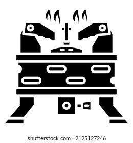 Gas portable stove for tourists. Massive stand, folding elements for dishes. Outdoor cooking appliance, camping, gas equipment. Gas stove design.  Vector icon, glyph, isolated