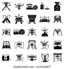 Gas portable stove for tourists. Outdoor cooking appliance, camping, gas equipment. Gas stove design.  Set of vector icons, glyph, isolated