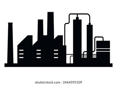 Planta de energía de gas de producción industrial química Ilustración plana de Vector de ícono minimalista negro. Estación de generación de recursos de fabricación con silueta de contaminación ambiental de tanque de torre de tubería