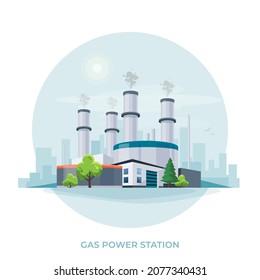 Gas power plant station. Gas-fired thermal facility that burns natural gas to generate electricity and produce emissions. Cogeneration fossil factory. Isolated vector illustration on white background.