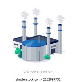 Gas power plant station. Gas-fired thermal facility that burns natural gas to generate electricity and produce emissions. Cogeneration fossil factory. Isolated vector illustration on white background.