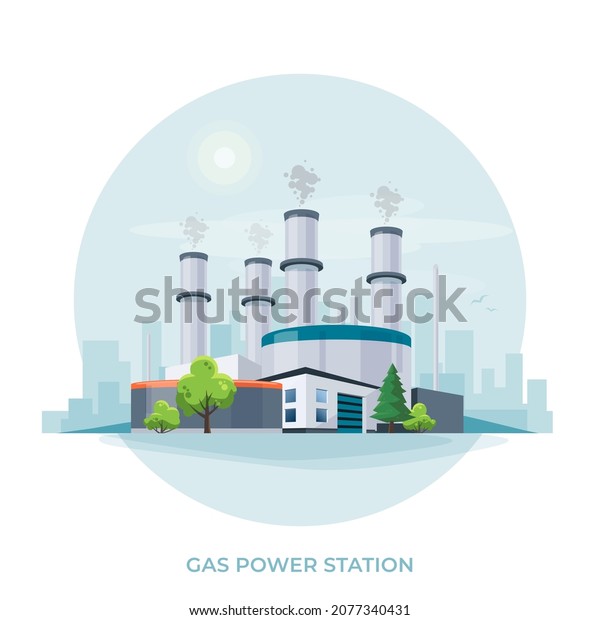 Gas power plant station. Gas-fired thermal\
facility that burns natural gas to generate electricity and produce\
emissions. Cogeneration fossil factory. Isolated vector\
illustration on white\
background.