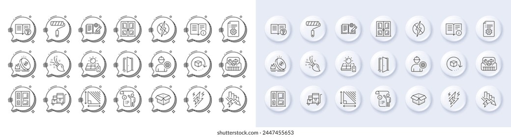 Gas price, Brush and Lightning bolt line icons. White pin 3d buttons, chat bubbles icons. Pack of Open door, Engineering documentation, Technical documentation icon. Vector