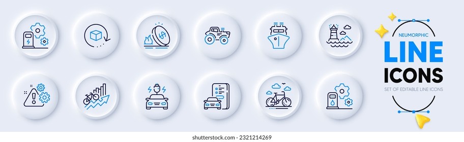 Gas price, Car registration and Training results line icons for web app. Pack of Warning, Tractor, Car charging pictogram icons. Filling station, Bike rental, Charging station signs. Vector