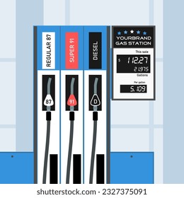 Gas price at fuel pump. Generic gas station in the USA. American year 2022 expensive gas price.