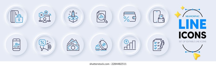 Gas price, Money and Savings tax line icons for web app. Pack of Phone wallet, Graph chart, Blocked card pictogram icons. Discounts offer, Online job, Analytics graph signs. Startup. Vector