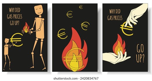 Gas prices go up concept. Design poster with cartoon character and gas symbol in trendy groovy style. Social problem in europe. Vector illustration can used web social media banner. EPS 10 Editable