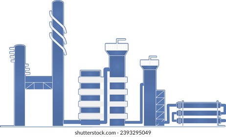 Gas processing plant blueprint drawing showing separation columns, pressure vessels, heat exchangers, and catwalks