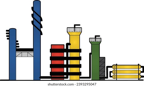 Farbzeichnung der Gasverarbeitungsanlage mit Trennsäulen, Druckbehältern, Wärmetauscher und Laufsteinen