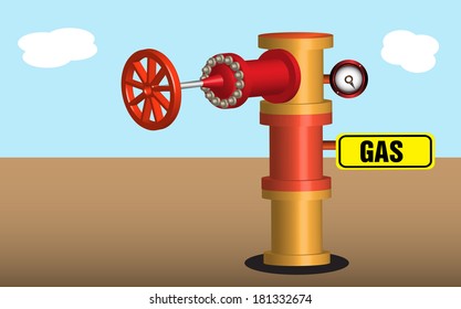 Gas processing plant with pipeline valve and a small yellow sign with the word gas