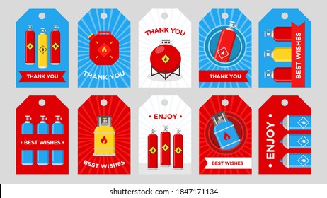 Gas production company tags set. Cylinders, tanks and canisters with flammable sign vector illustrations with thank you or best wishes text. Templates for greeting cards or postcards