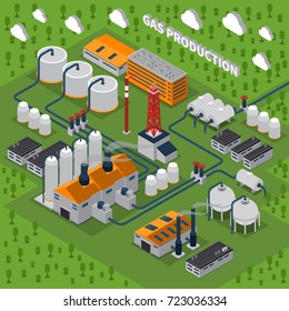 Gas production isometric composition with industrial facilities including buildings, station, smokestacks, pipeline, tanks for storage vector illustration  