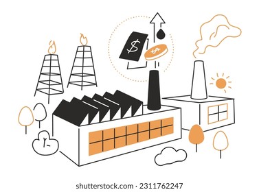 Gas production - modern line design style isometric illustration on white background. Composition with factory, extraction and sale of natural resources. Getting profit from the sale of raw materials