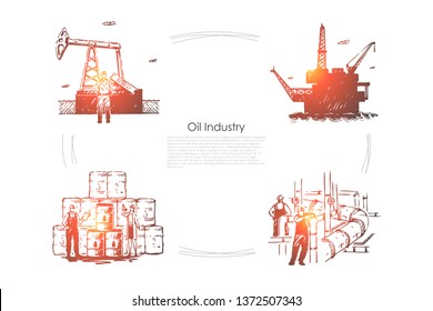 Gas production plant, workers at pipeline, industrial equipment, drilling platform, rig, fuel pump banner template. Oil industry, petroleum refinery concept sketch. Hand drawn vector illustration