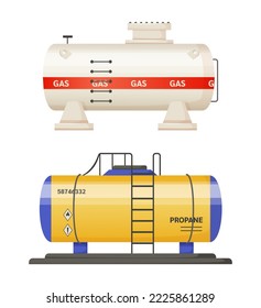 Gas and propane cylindrical cistern, tank for fuel storage. Metal reservoirs with flammable and attention signs set. Safety equipment for the oil and gas industry cartoon vector