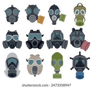Gas protective chemical air breath and radiation safety mask set isometric vector illustration. Military toxic filter biological nuclear pollution respirator uniform radioactive warning rubber outfit