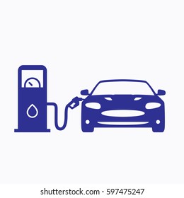 Gas Pump and Car Icon. Graphic Flat Vector Design Blue Color Style