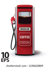 Gas Pump with coffee dispenser. Metaphor coffee is power for people. Creative vector 3d illustration