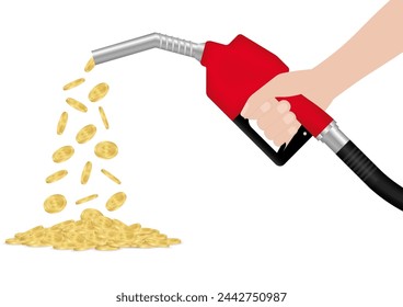Gas Pump or Fuel Nozzle with Dollar Coins. Gas Station Concept. Vector Illustration Isolated on White Background. 