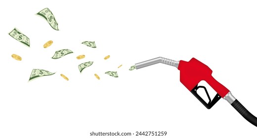 Gas Pump or Fuel Nozzle with Dollar Banknote. Gas Station Concept. Vector Illustration Isolated on White Background. 