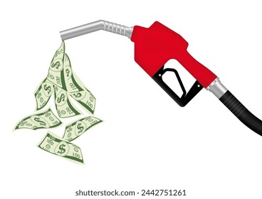 Bomba de gas o boquilla de combustible con billete de un dólar. Concepto de gasolinera. Ilustración vectorial aislada sobre fondo blanco. 