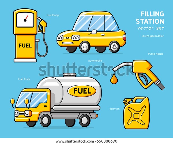 Gas pump, fuel\
truck, yellow car, jerry can, nozzle with petrol or gasoline drop.\
Filling station icons.