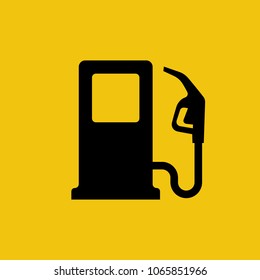 Gas pump icon. Fuel pump. Petrol station sign. Gasoline nozzle. Fuel background. Vector illustration flat design. Isolated black symbol on a yellow background.