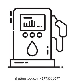 Gas pump icon line drawing of fuel dispenser with nozzle black and white