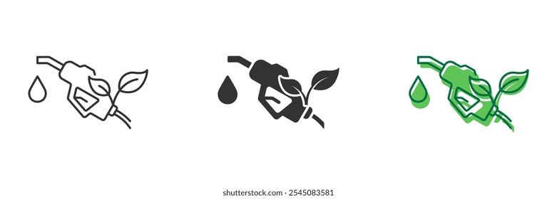 Gas Pump with Leaves Icon for Renewable Energy and Biofuel Concept. Fuel Nozzle Eco Power for Transportation Line and Silhouette Icon Set. Editable Stroke. Isolated Vector Illustration.