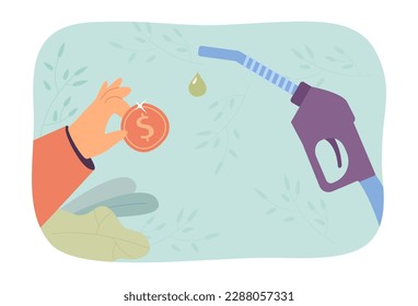 Gas pump nozzle and hand holding gold coin vector illustration. Cartoon drawing of driver paying for gasoline or petrol at gas station. Fuel, finances, transportation concept