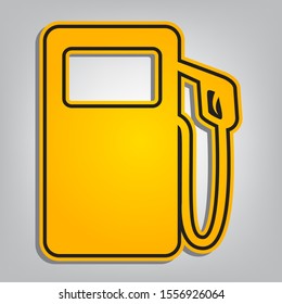 Gas pump sign. Flat orange icon with overlapping linear black icon with gray shadow at whitish background. Illustration.