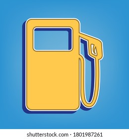 Gas pump sign. Golden Icon with White Contour at light blue Background. Illustration.