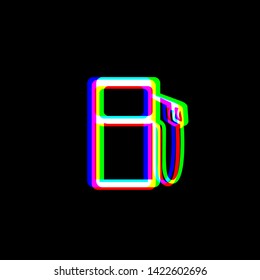 Gas pump sign. Red, green and blue unfocused contour icon at black background. Illustration.