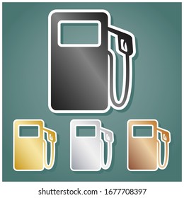 Gas pump sign. Set of metallic Icons with gray, gold, silver and bronze gradient with white contour and shadow at viridan background. Illustration.