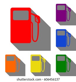 Gas pump sign. Set of red, orange, yellow, green, blue and violet icons at white background with flat shadow.