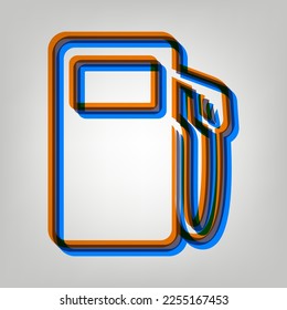 Señal de la bomba de gas. Icono marcado en colores naranja, azul y lavanda antigua en fondo gris. Ilustración.
