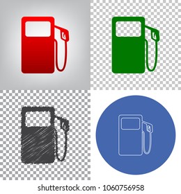 Gas pump sign. Vector. 4 styles. Red gradient in radial lighted background, green flat and gray scribble icons on transparent and linear one in blue circle.