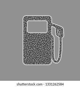 Gas pump sign. Vector. Black maze filled icon with white border at gray background.