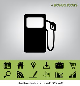 Gas pump sign. Vector. Black icon at gray background with bonus icons at celery ones