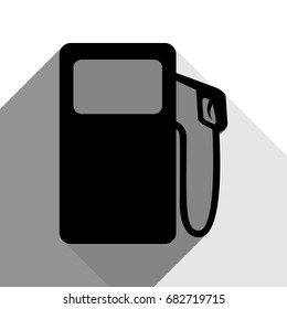 Gas pump sign. Vector. Black icon with two flat gray shadows on white background.